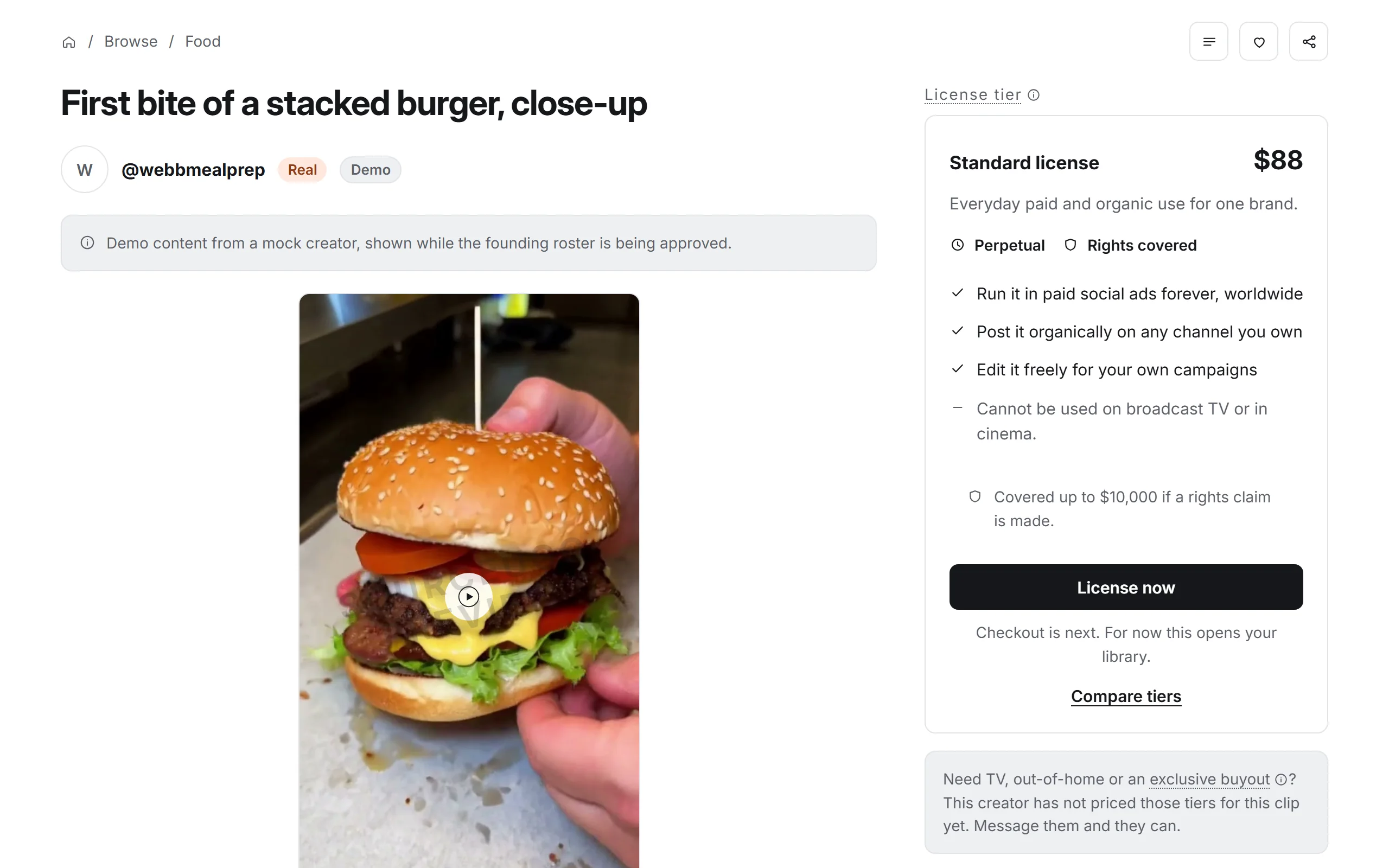 A demo clip's page on SourceUGC: the clip, its creator tagged Real and Demo, and the Standard license with what it allows and what it does not.