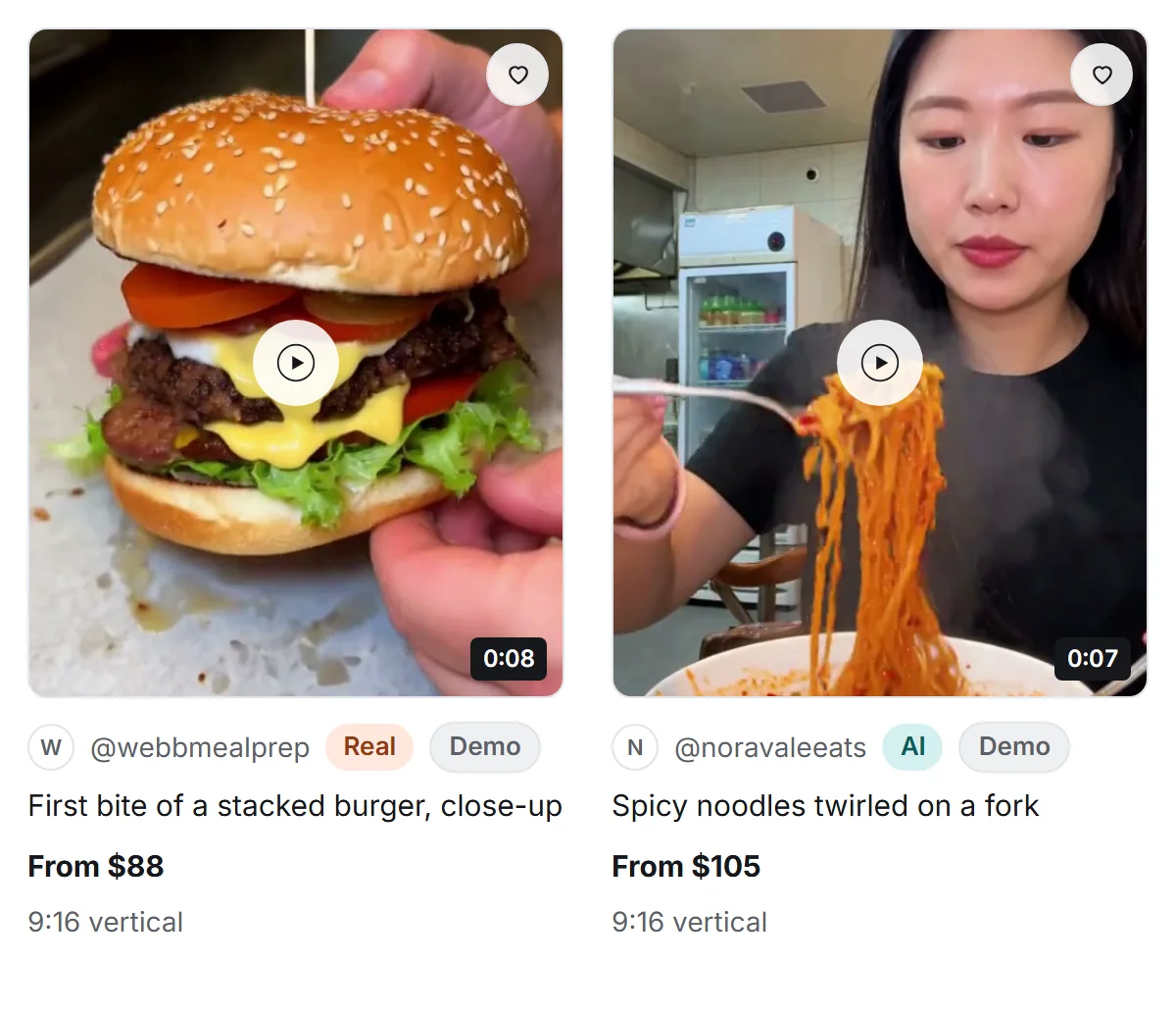 Two demo clips on Browse: one from a creator tagged Real, one from a creator tagged AI, both tagged Demo.