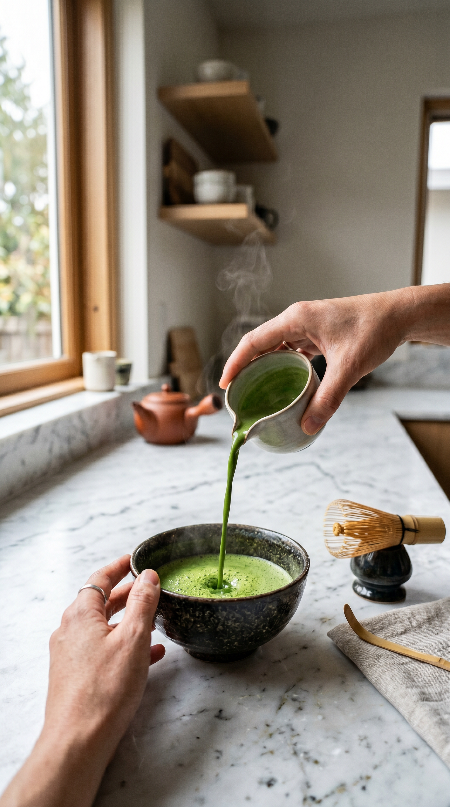 Matcha slow-pour recipe — natural light