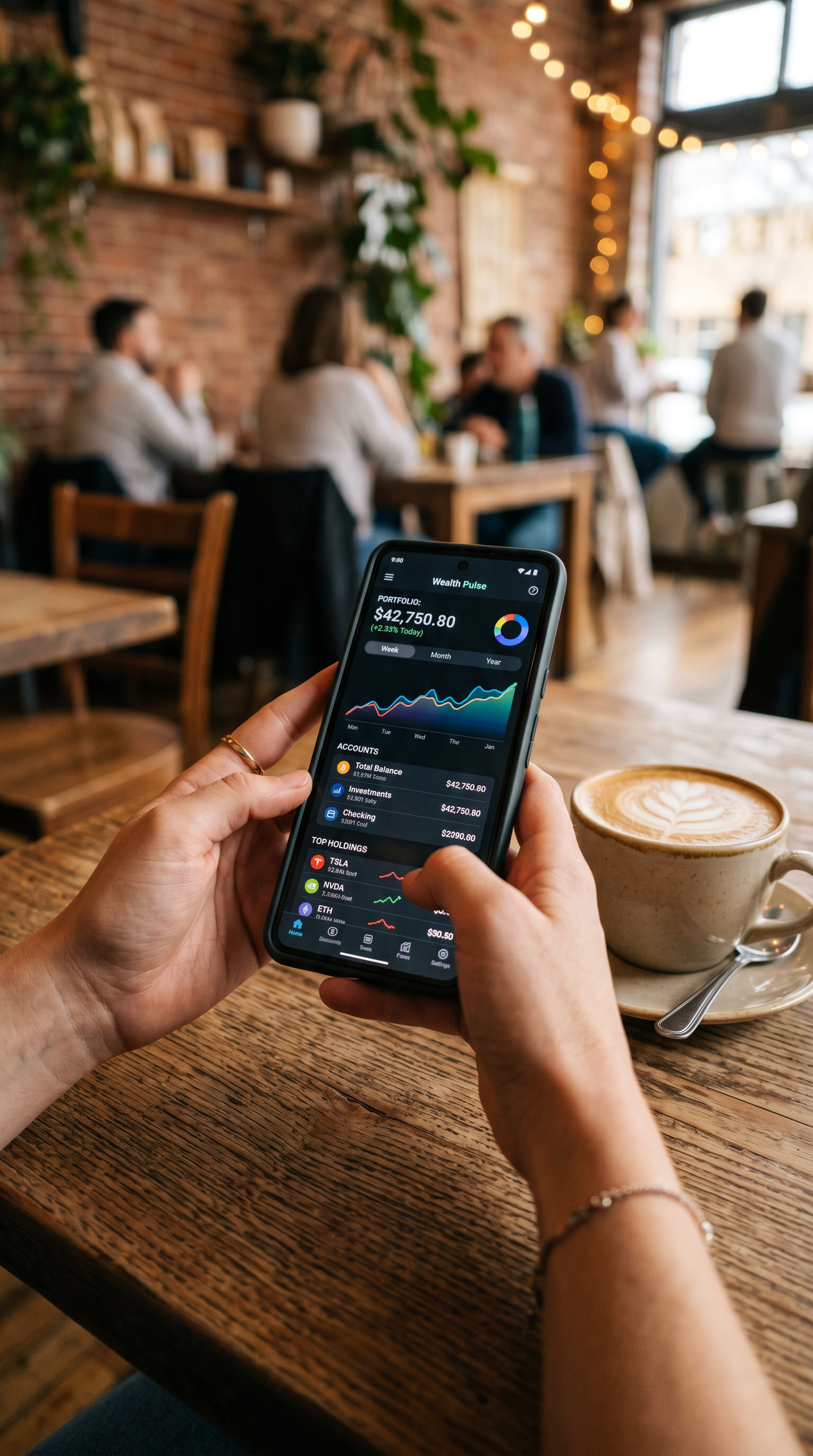 Finance app demo — coffee-shop lifestyle